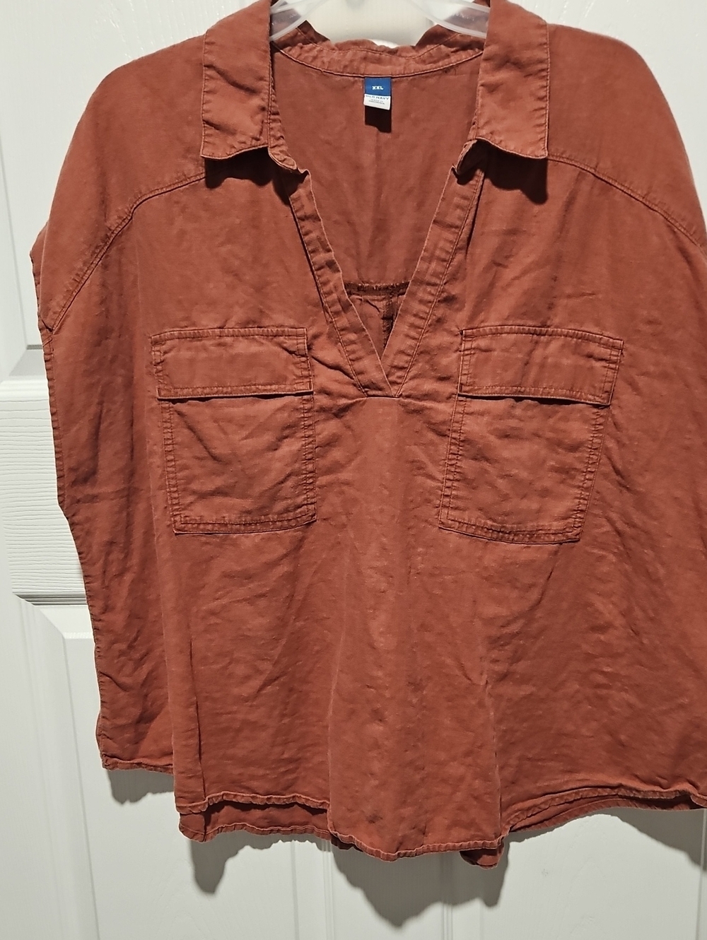 Old Navy Linen "Baked Bronze" Collared V-Neck Pocket Top